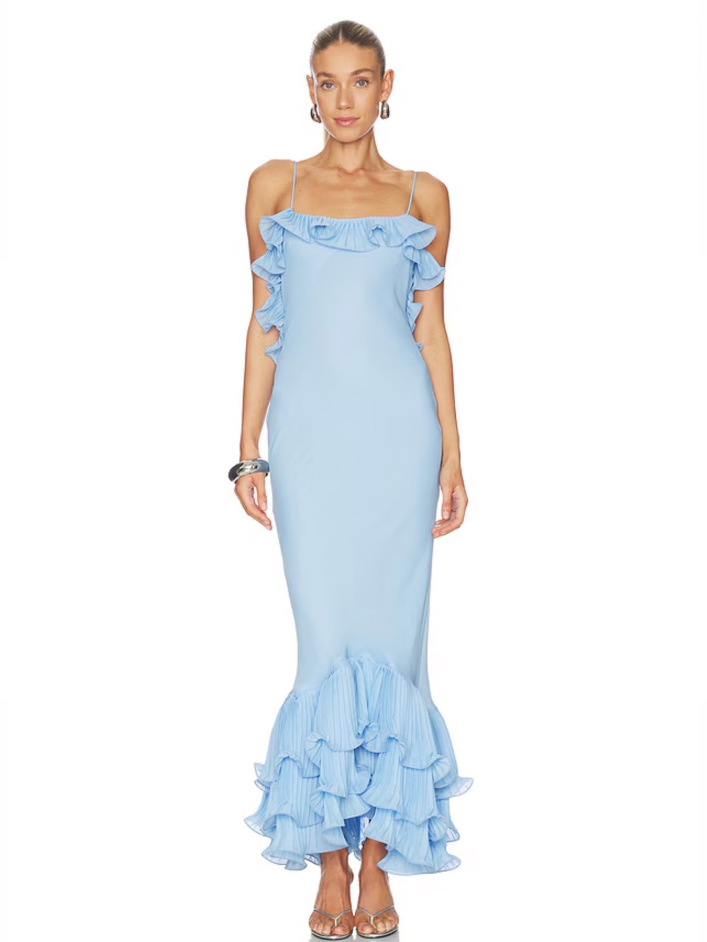 Sky Blue Ruffle-Trim Mermaid Maxi Dress